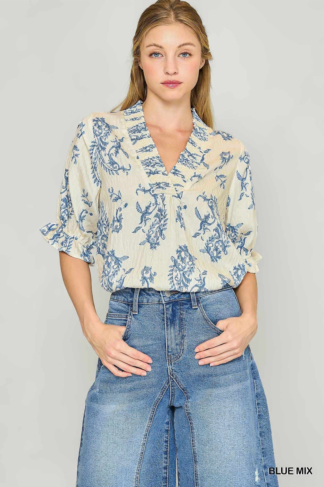 Willow Vine Ruffle Trim Blouse