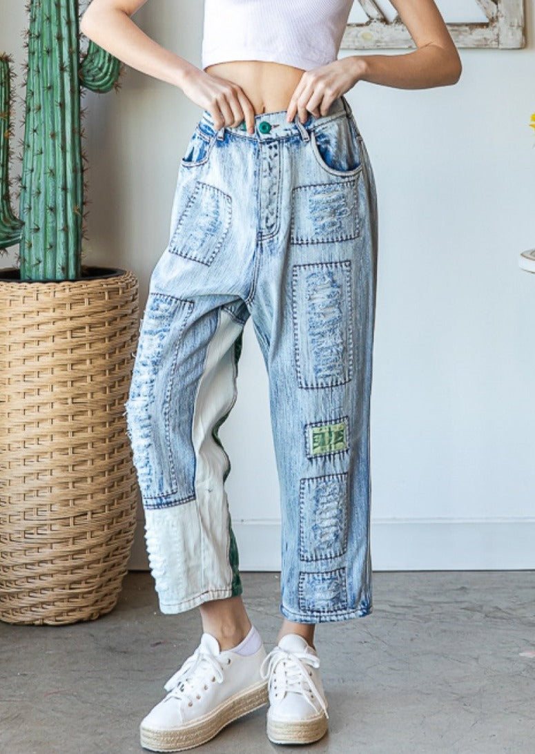 Washed Distressed Patched Jean Small