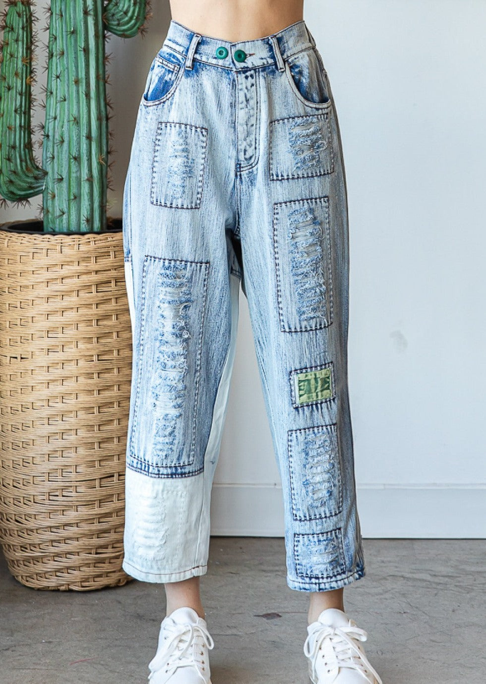 Washed Distressed Patched Jean Small