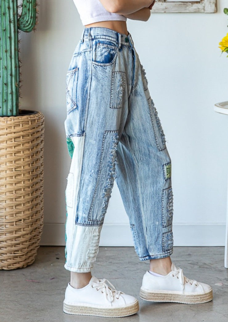 Washed Distressed Patched Jean Small