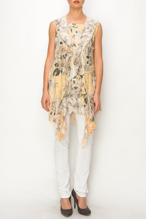 Yellow Flower Lace Ruffle Vest S