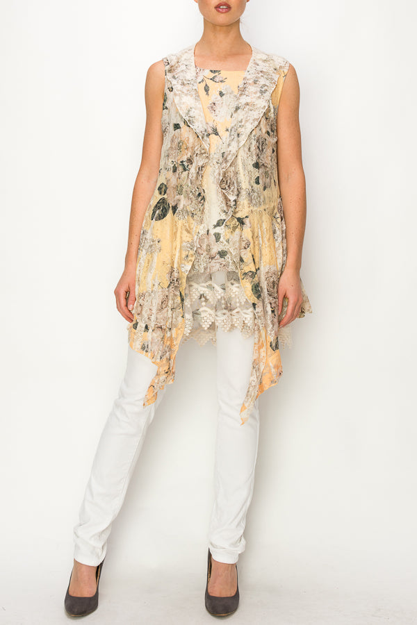 Yellow Flower Lace Ruffle Vest S