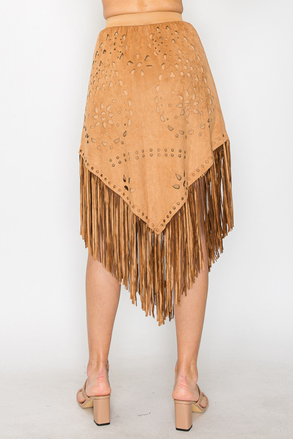 Camel Faux Suede Fringe Skirt