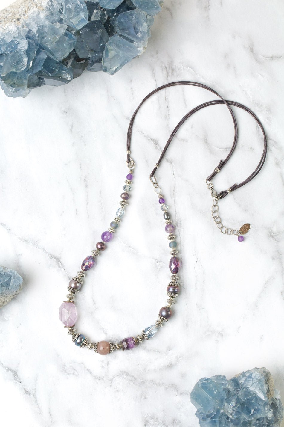 Reflections 28 - 30" Amethyst, Freshwater Pearl, Crystal Simple Necklace - Vintage Vault Boutique