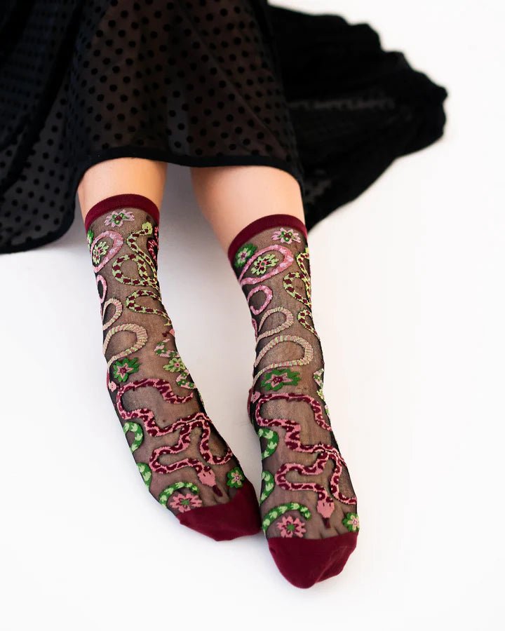 Serpentine Floral Black Sheer Crew Sock - Vintage Vault Boutique