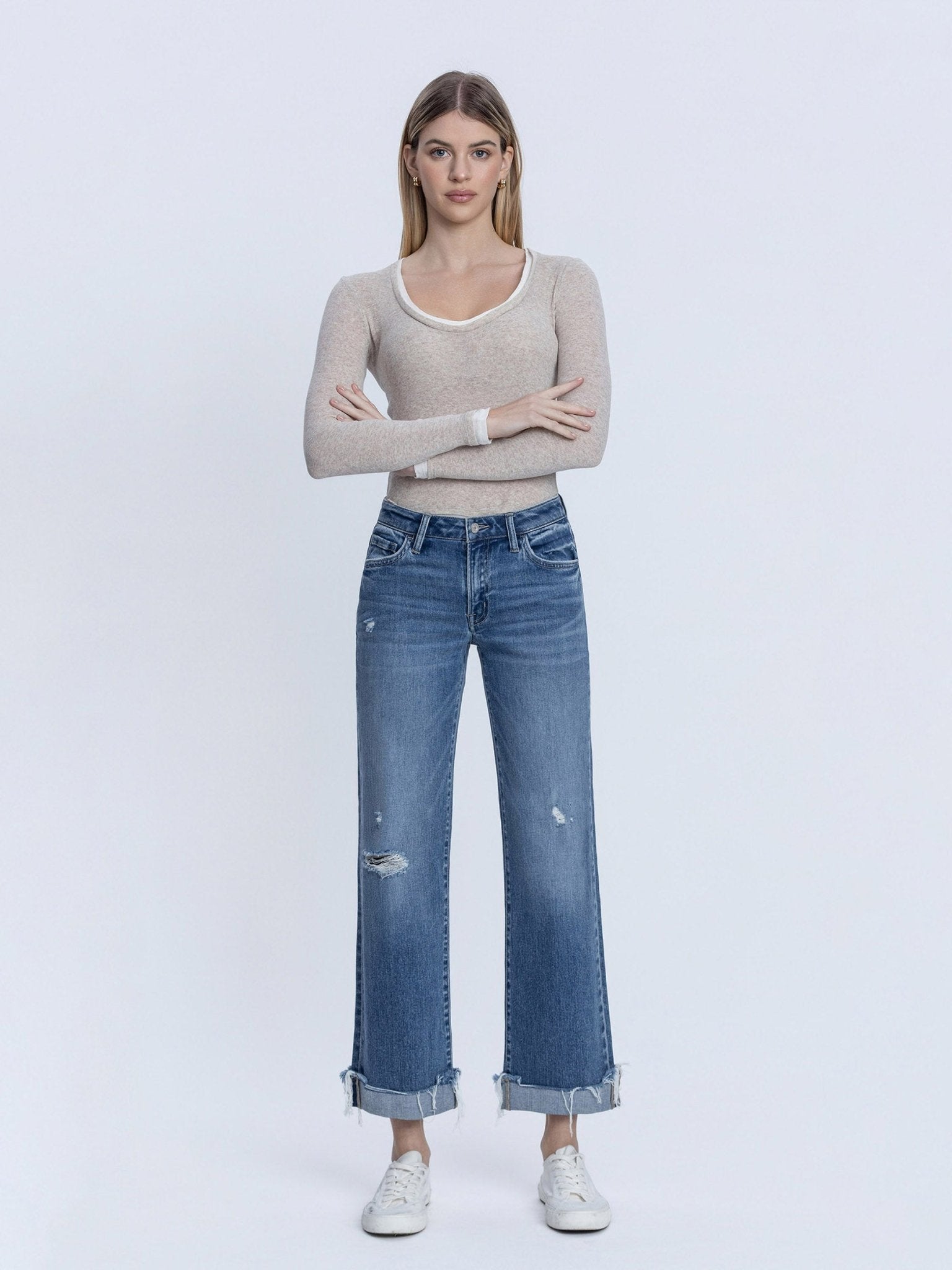 Mid Rise Cuffed Baggy Slim Wide Jean - Vintage Vault Boutique