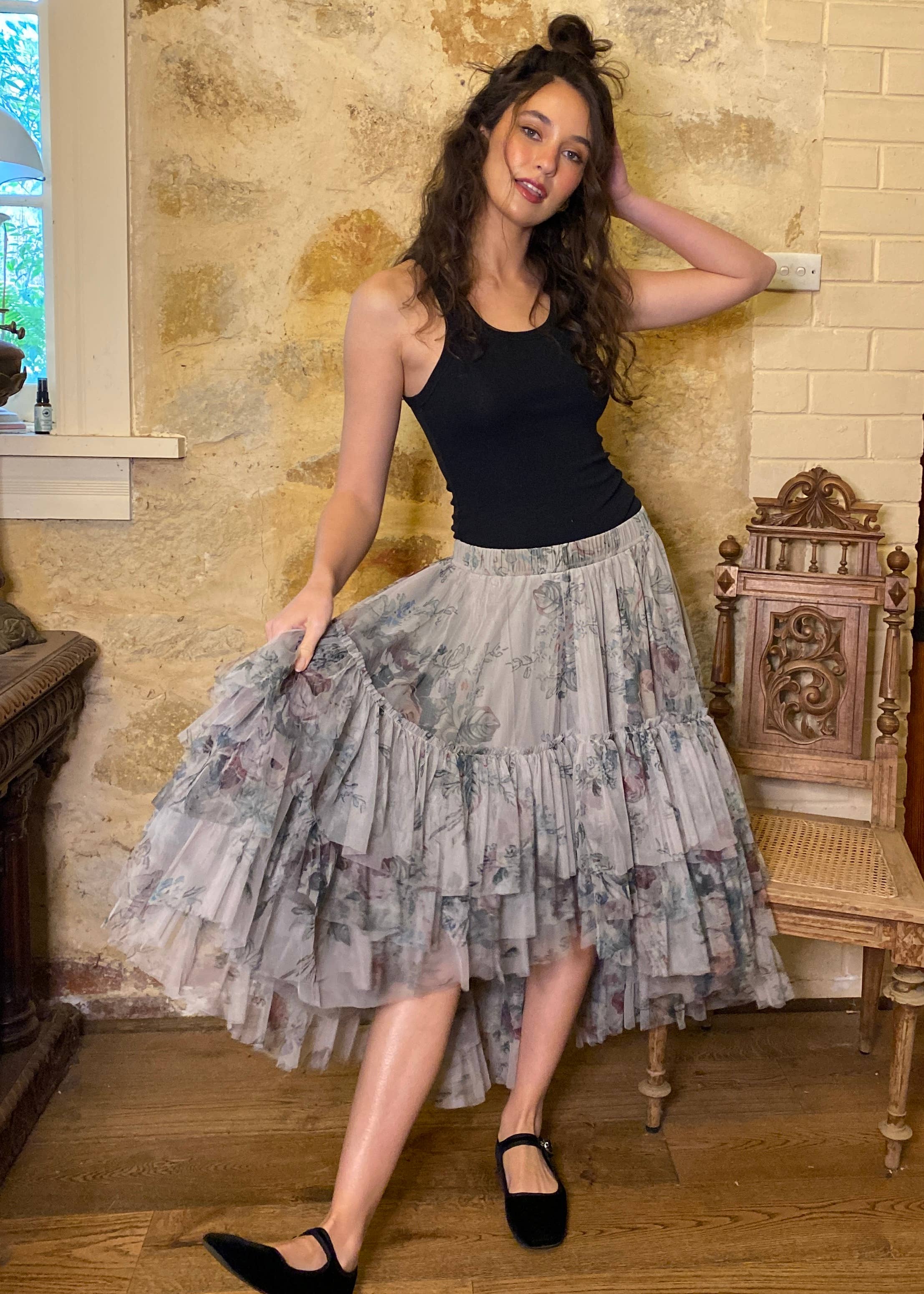 Ballerina Skirt in Dove Grey Floral