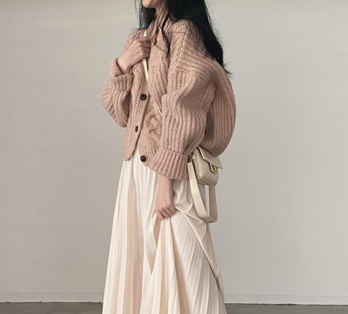 Cable Knit Cardigan Sweater Pink