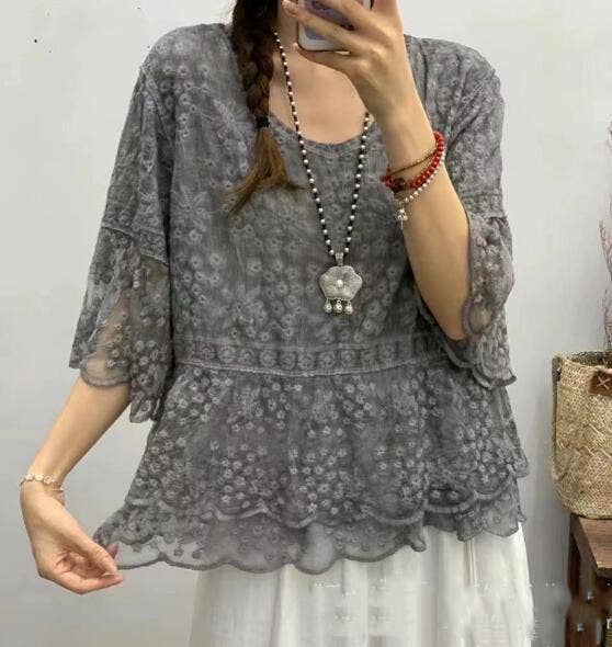 Washed Embroidered Blouse Taupe