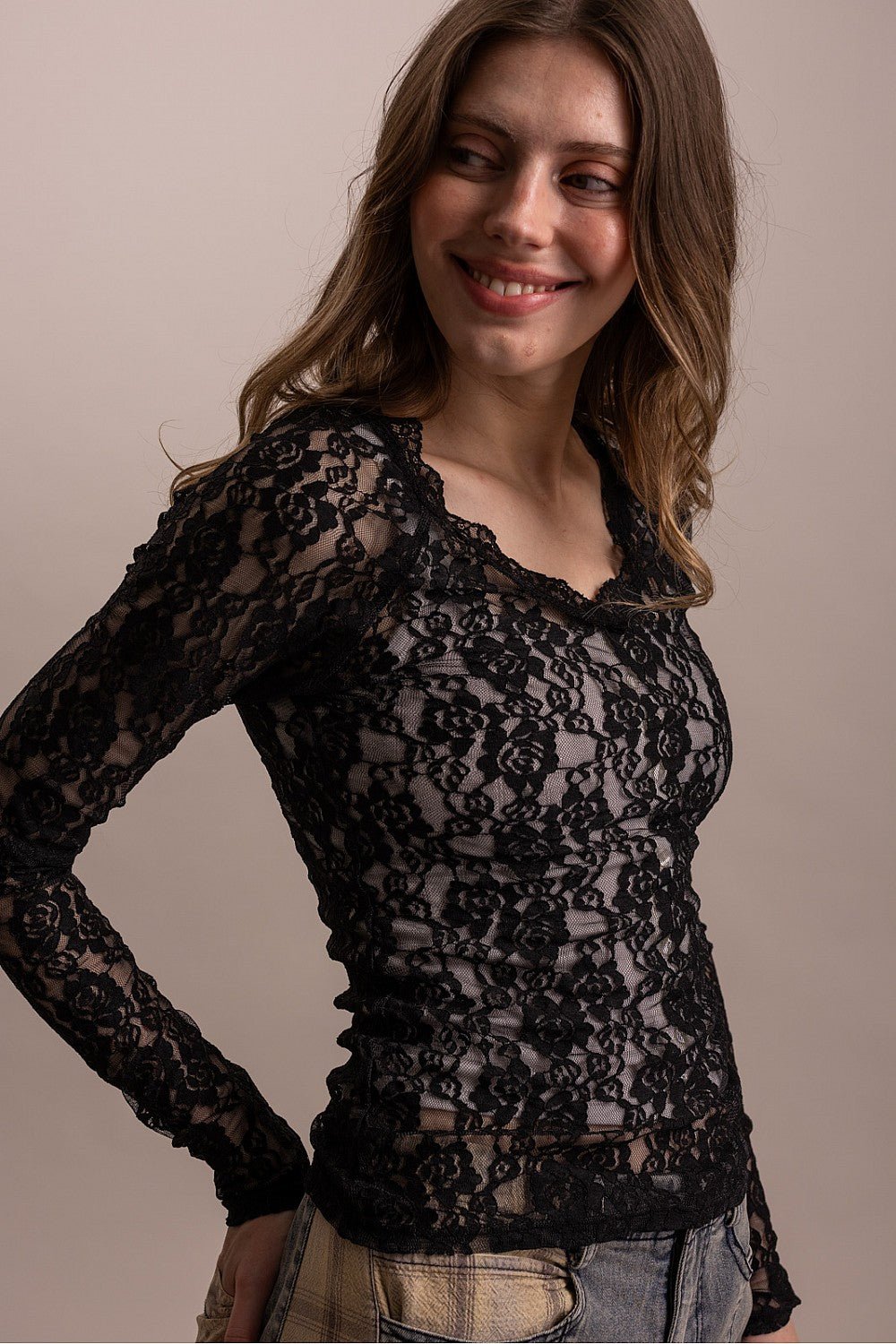 V-Neck Mesh Layering Top Black - Vintage Vault Boutique