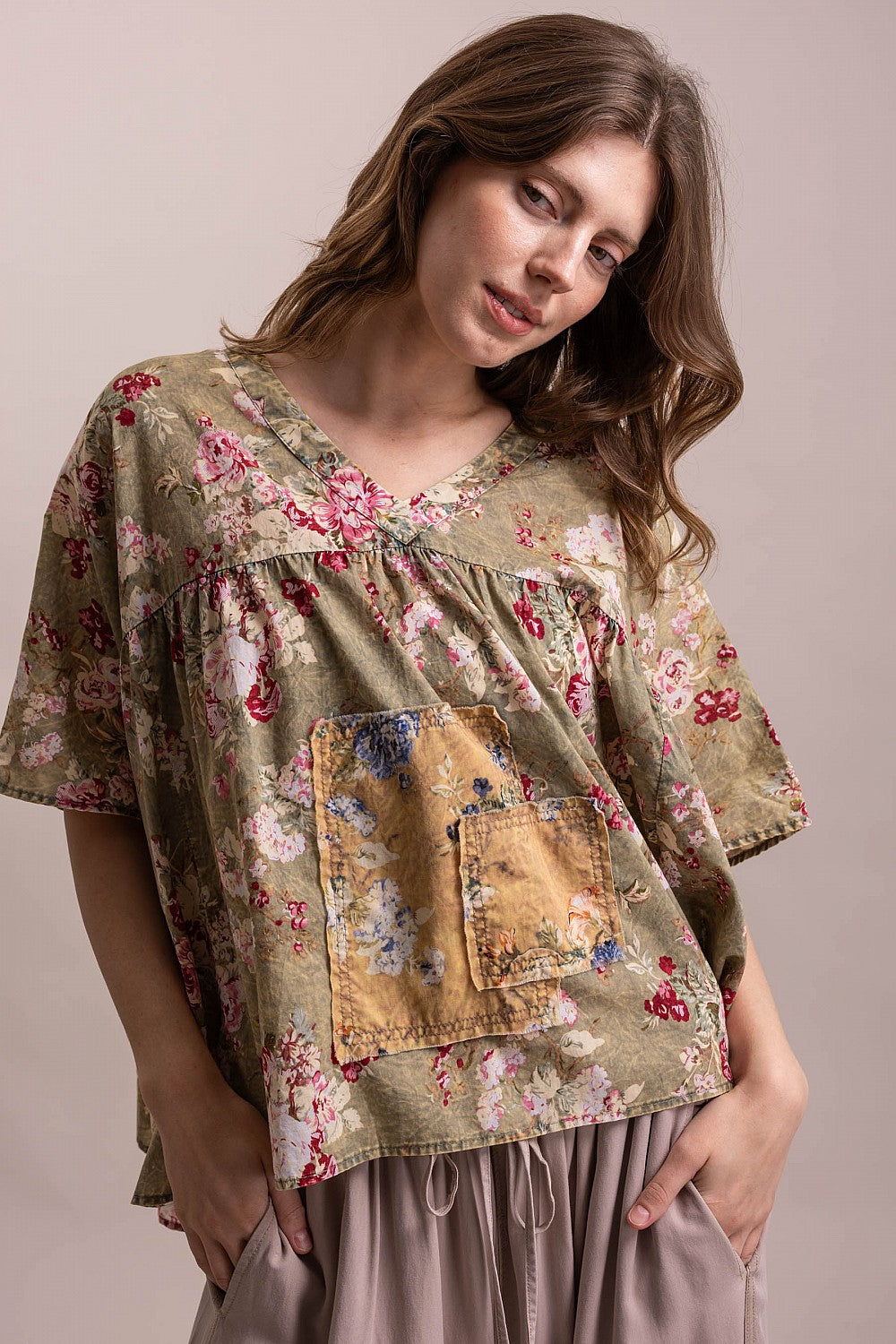 Flower Print Patchwork Loose Top