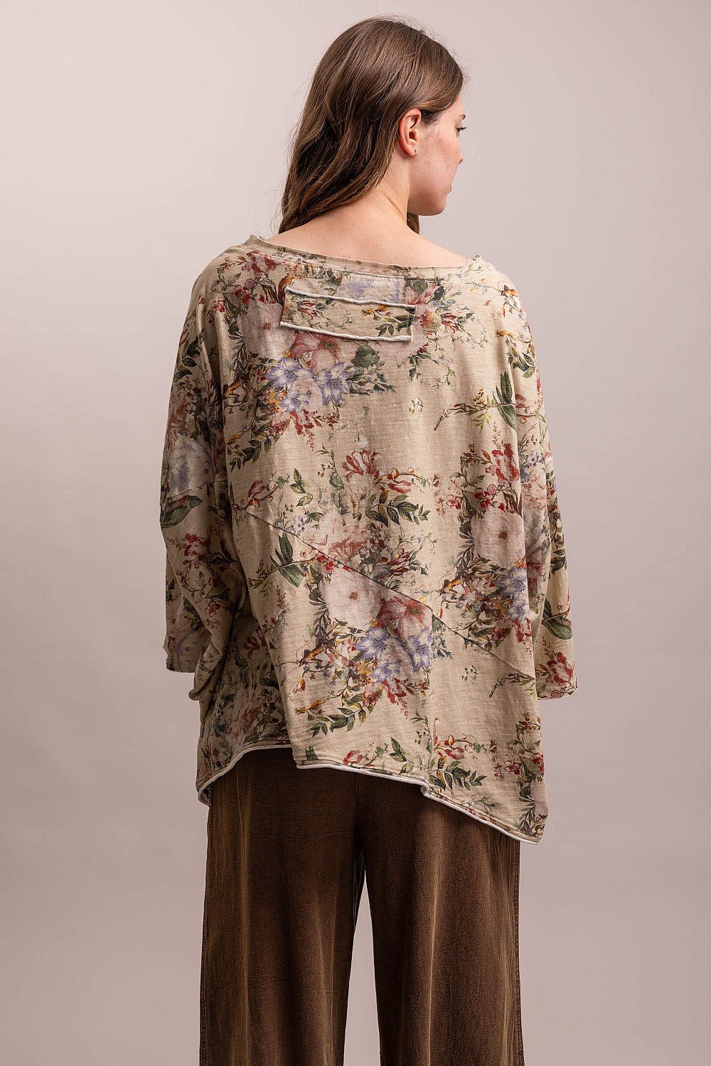 Taupe Flower Print 3/4 Sleeve Top - Vintage Vault Boutique