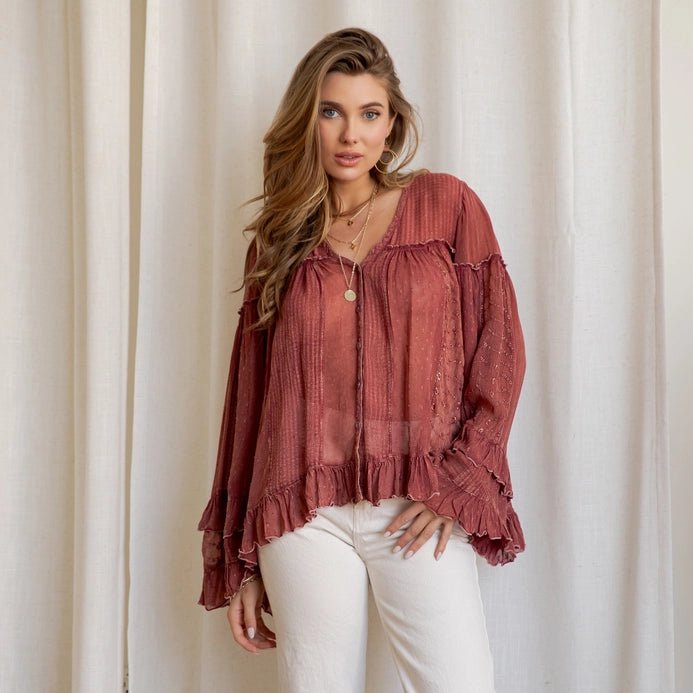 Dreamy V-Neck Ruffled Top - Vintage Vault Boutique