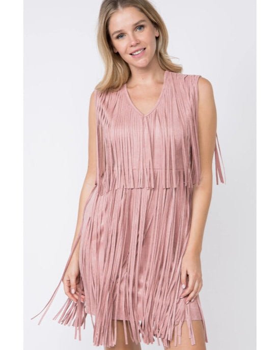 Suede Fringe Dress in Mauve - Vintage Vault Boutique