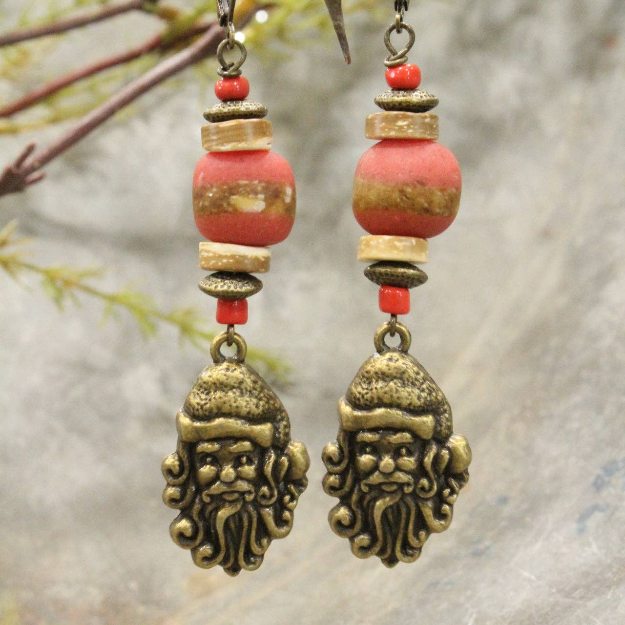 Bronze Santa & Whimsy Stone Earrings