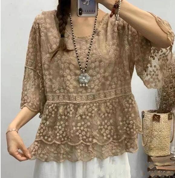 Washed Embroidered Blouse Taupe