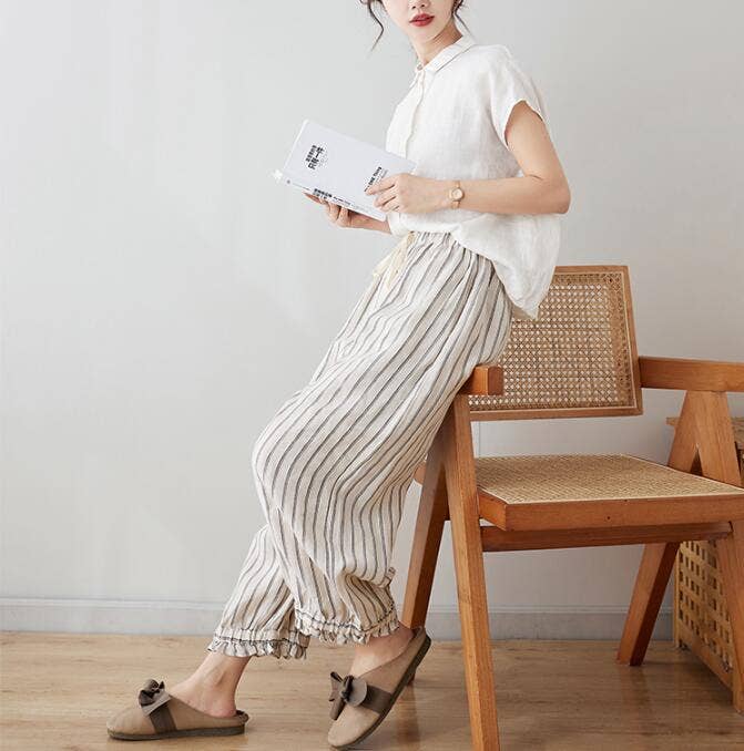 Cotton-Linen Striped Lantern Pants