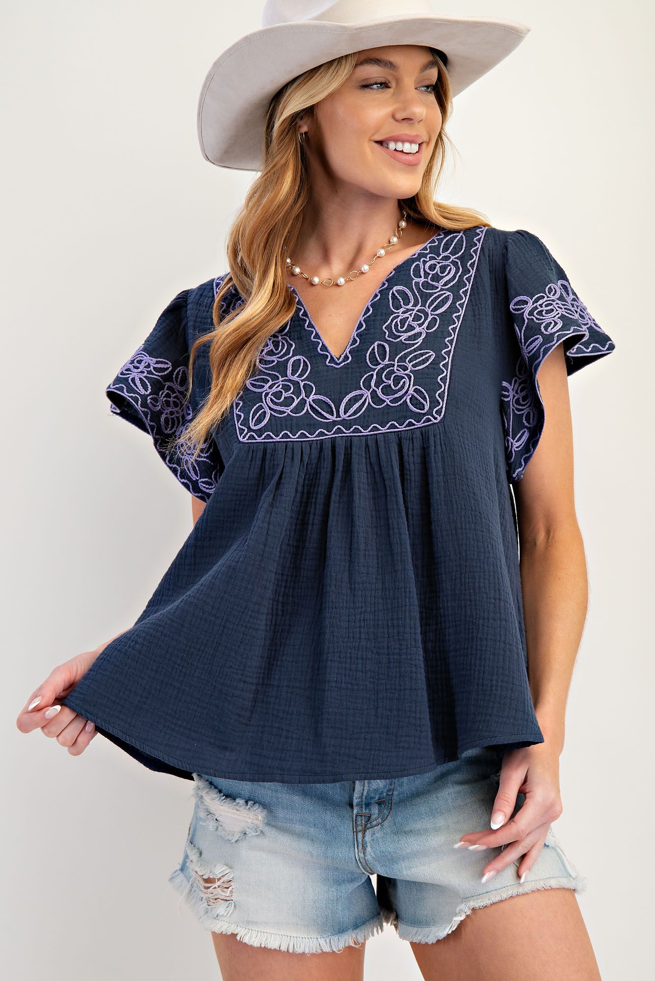 Embroidery Cotton Gauze Babydoll Top Blueberry