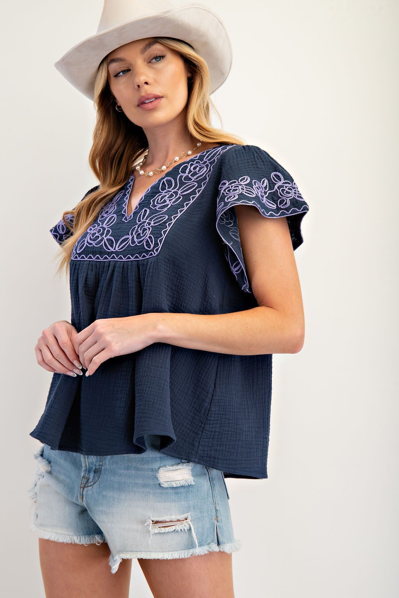 Embroidery Cotton Gauze Babydoll Top Blueberry