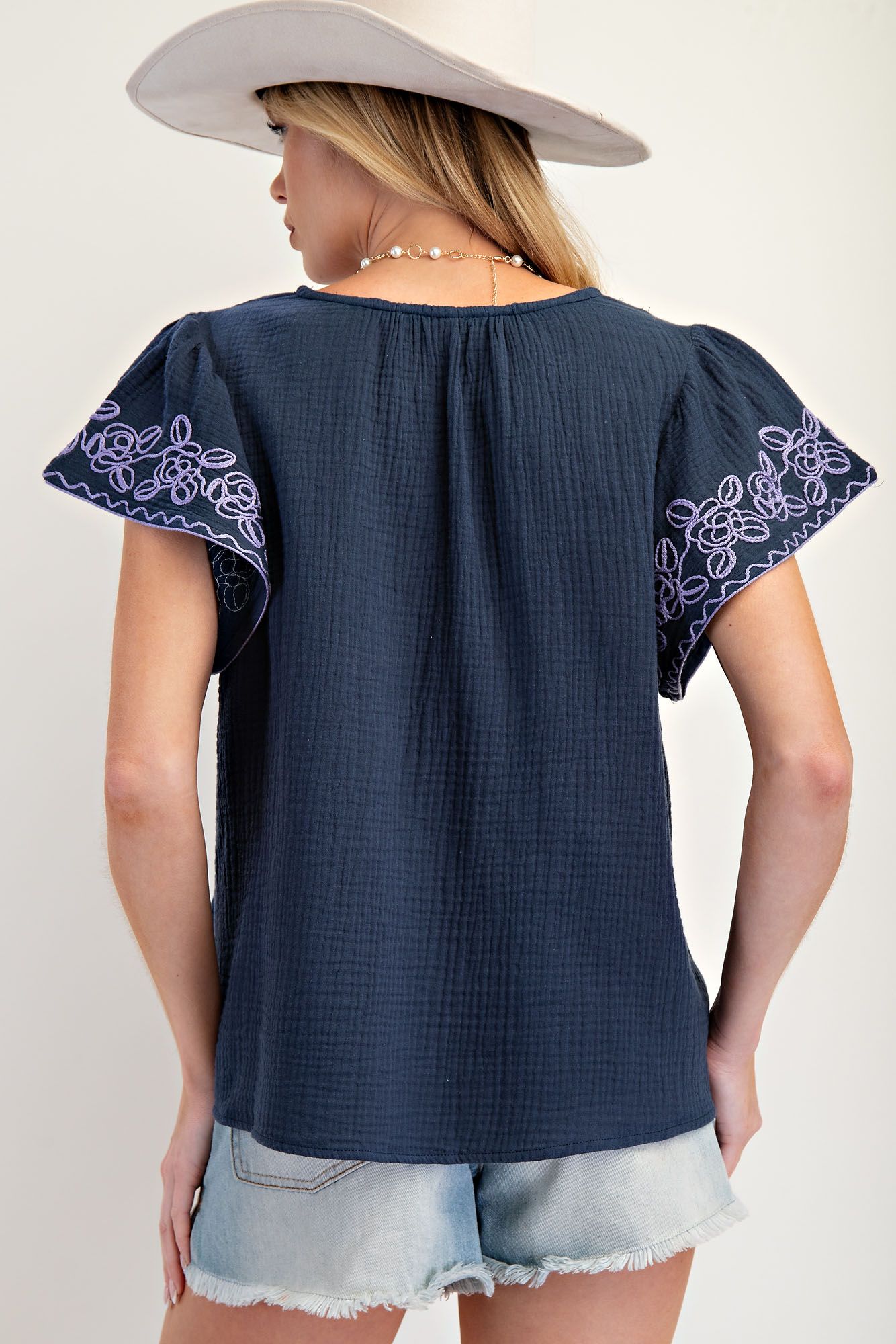 Embroidery Cotton Gauze Babydoll Top Blueberry
