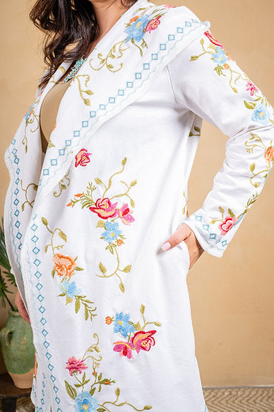 White Embroidery Hoodie Cardigan