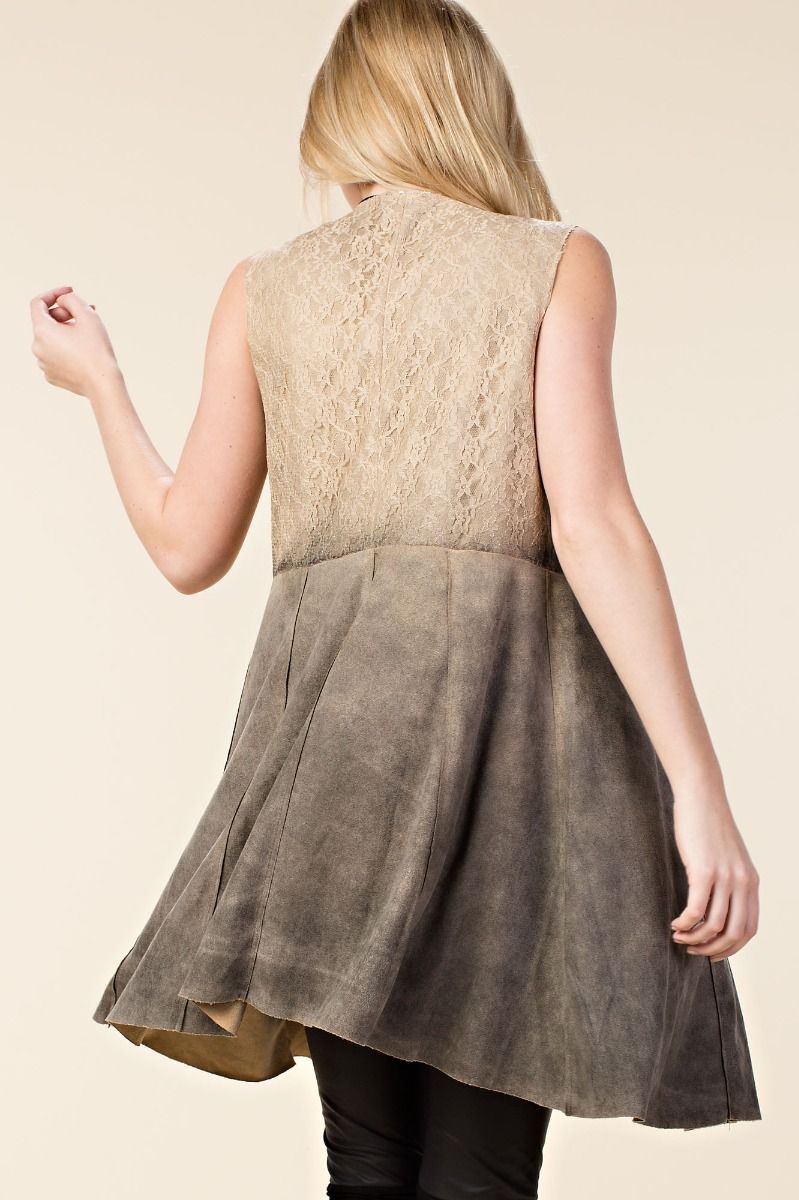 Open Front Faux Suede Vest with Lapel STONE Medium
