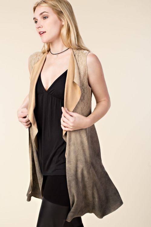 Open Front Faux Suede Vest with Lapel STONE Medium