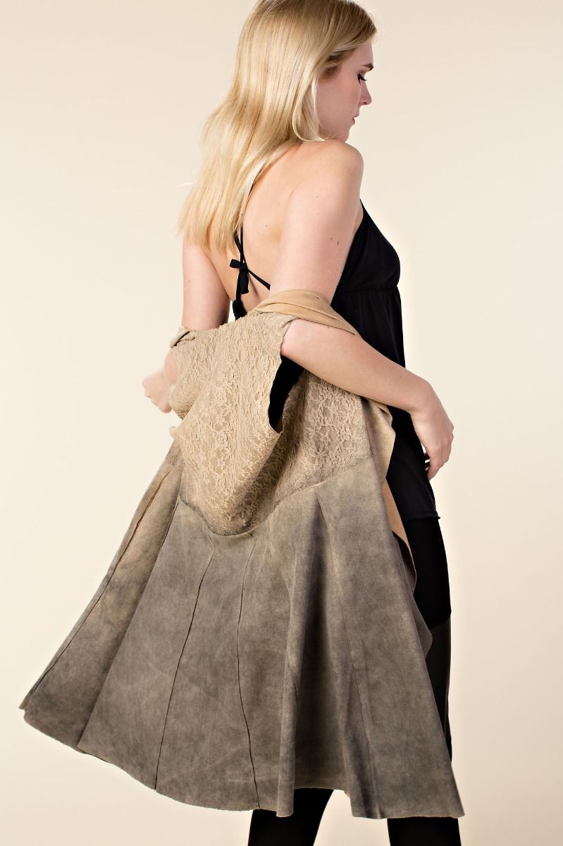 Open Front Faux Suede Vest with Lapel STONE Medium