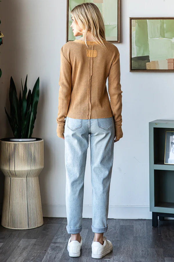 Coffee Mineral Washed Henley Thermal Top