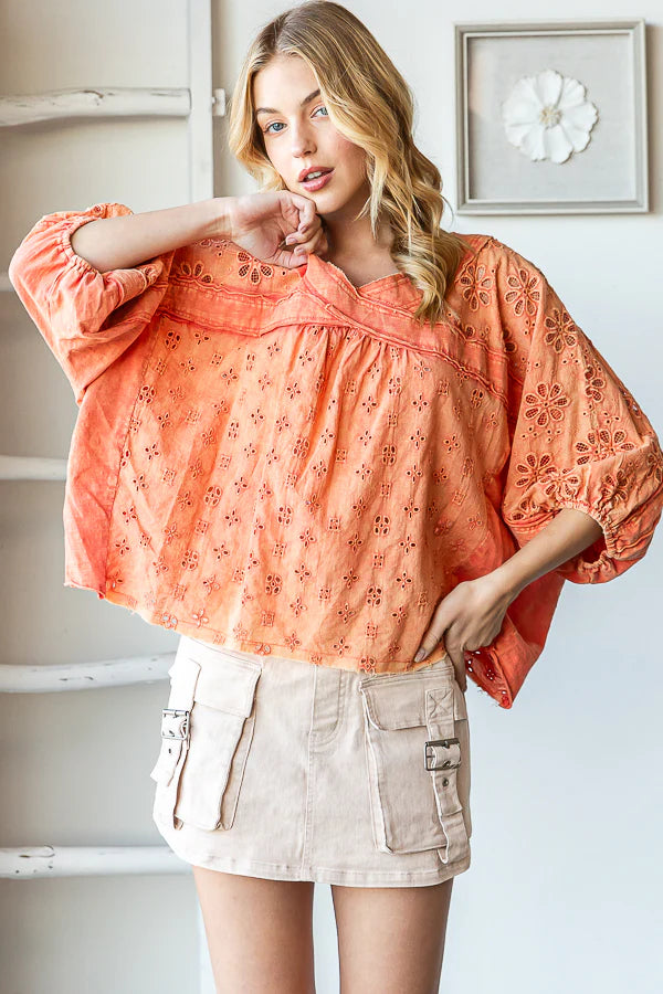 Washed Eyelet Top Guava M