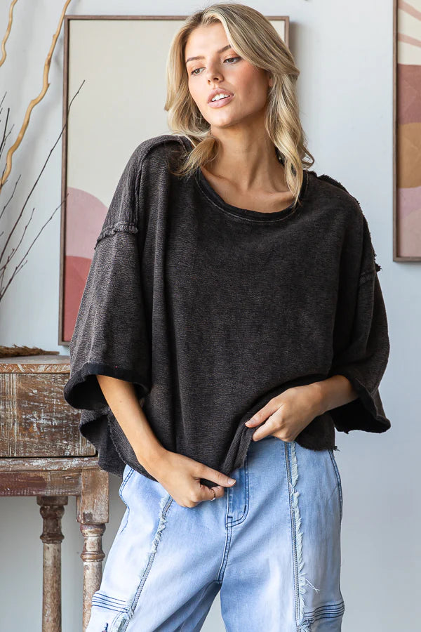 Drop Shoulder Relaxed Crop Top - Black