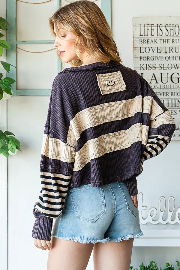 Black Mixed Fabric Long Sleeve Top