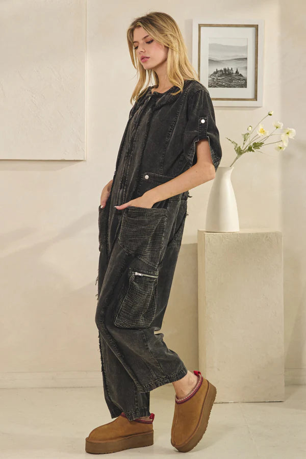 Black Washed Short Sleeve Jumpsuit
