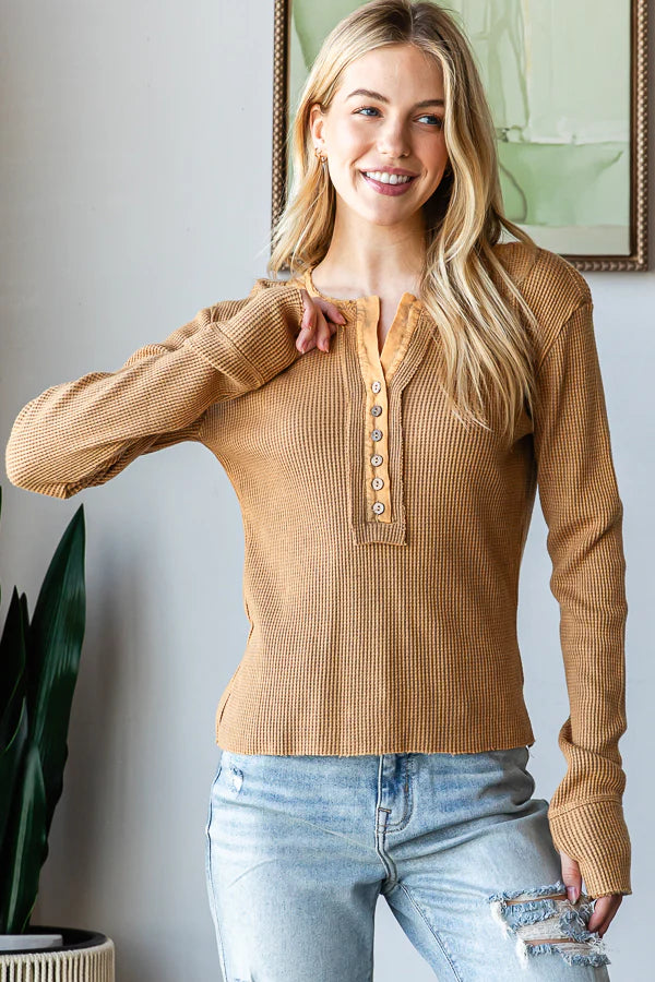 Coffee Mineral Washed Henley Thermal Top