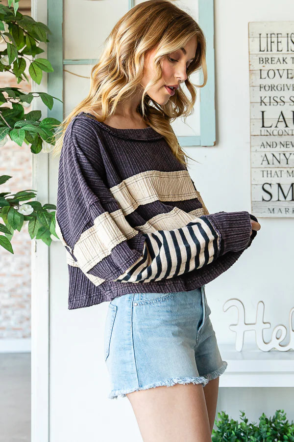 Black Mixed Fabric Long Sleeve Top