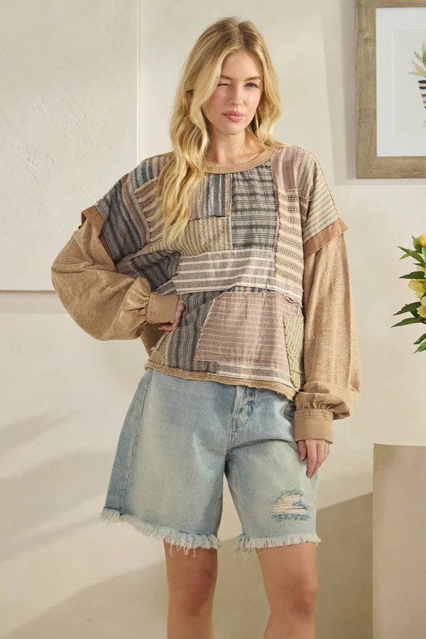 Taupe Patchwork Mixed Fabric Top