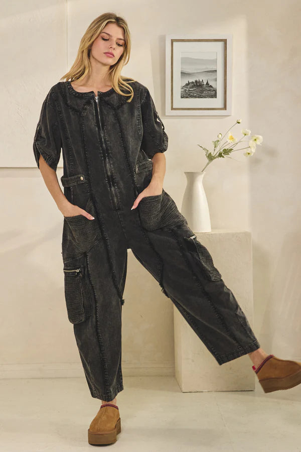 Black Washed Short Sleeve Jumpsuit