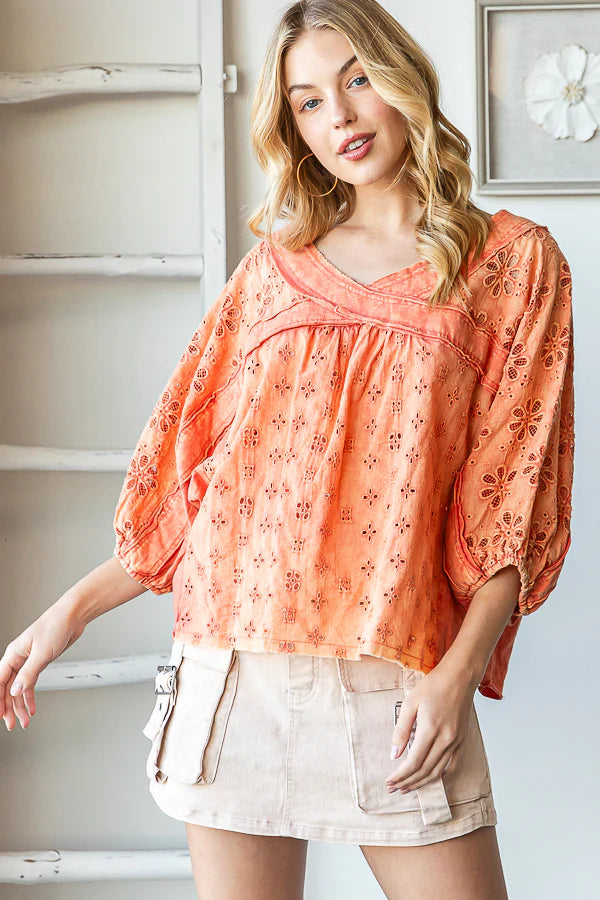 Washed Eyelet Top Guava M