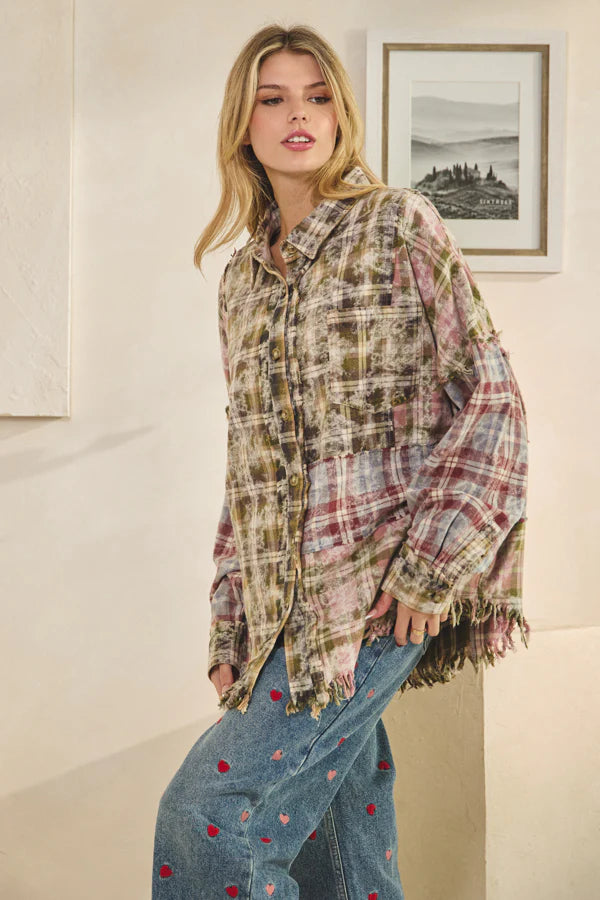 Olive Washed Mixed Plaid Button Down Shirt