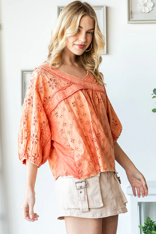 Washed Eyelet Top Guava M