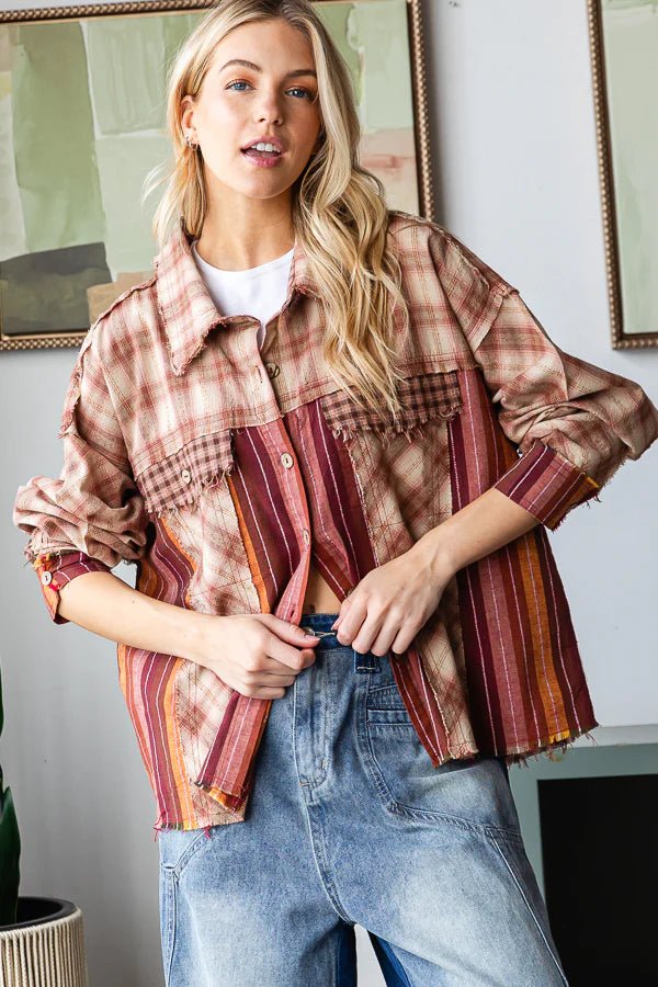 Plaid Striped Mixed Shirt - Vintage Vault Boutique