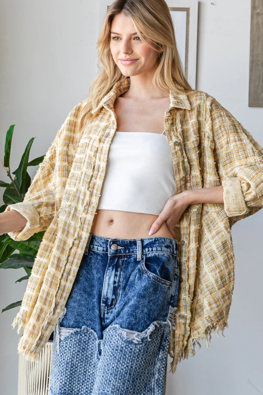 Light Honey Washed Plaid Button Down Top