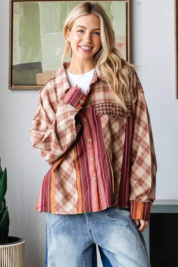 Plaid Striped Mixed Shirt - Vintage Vault Boutique