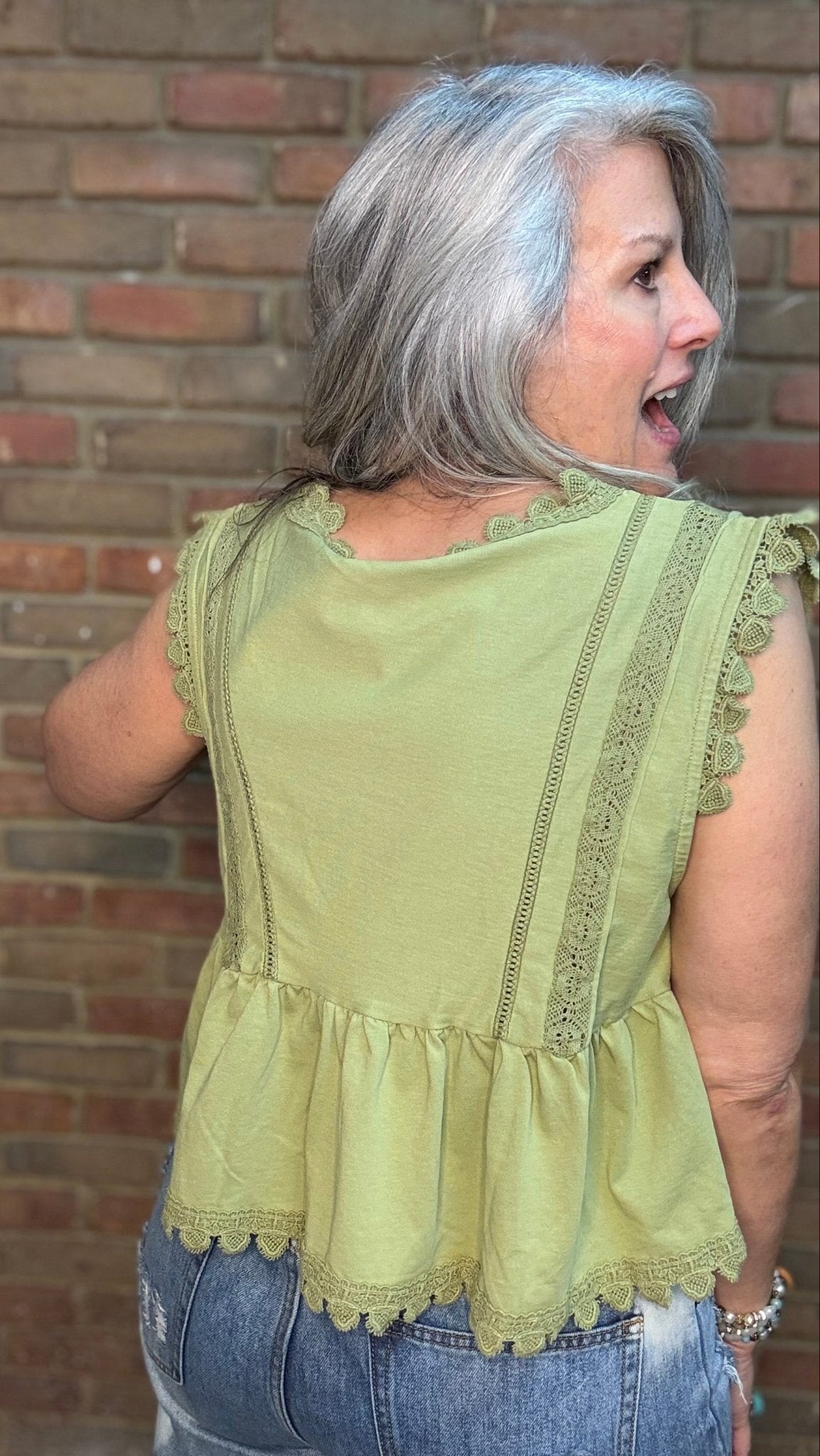 Matcha Washed Lace Sleeveless Top - Vintage Vault Boutique