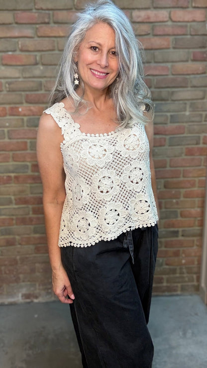 Crochet Square Neck Tank Ecru - Vintage Vault Boutique