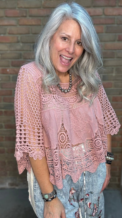Dusty Rose Lace Crochet Top - Vintage Vault Boutique