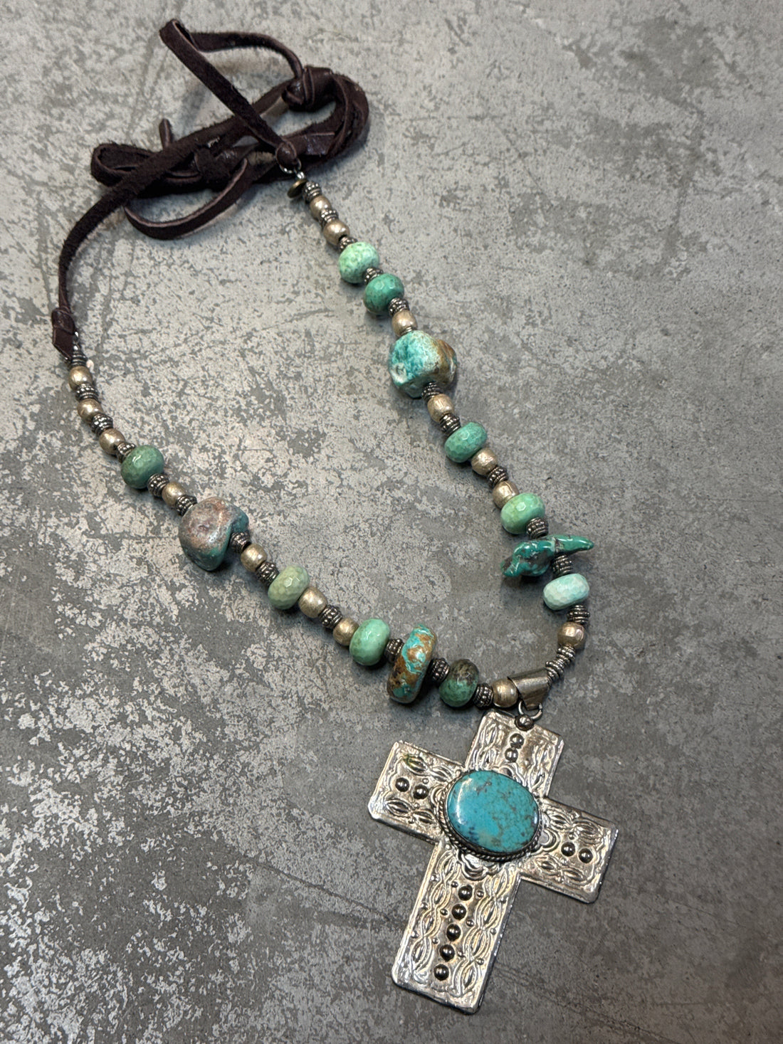Silver Cross with Turquoise on Leather Necklace