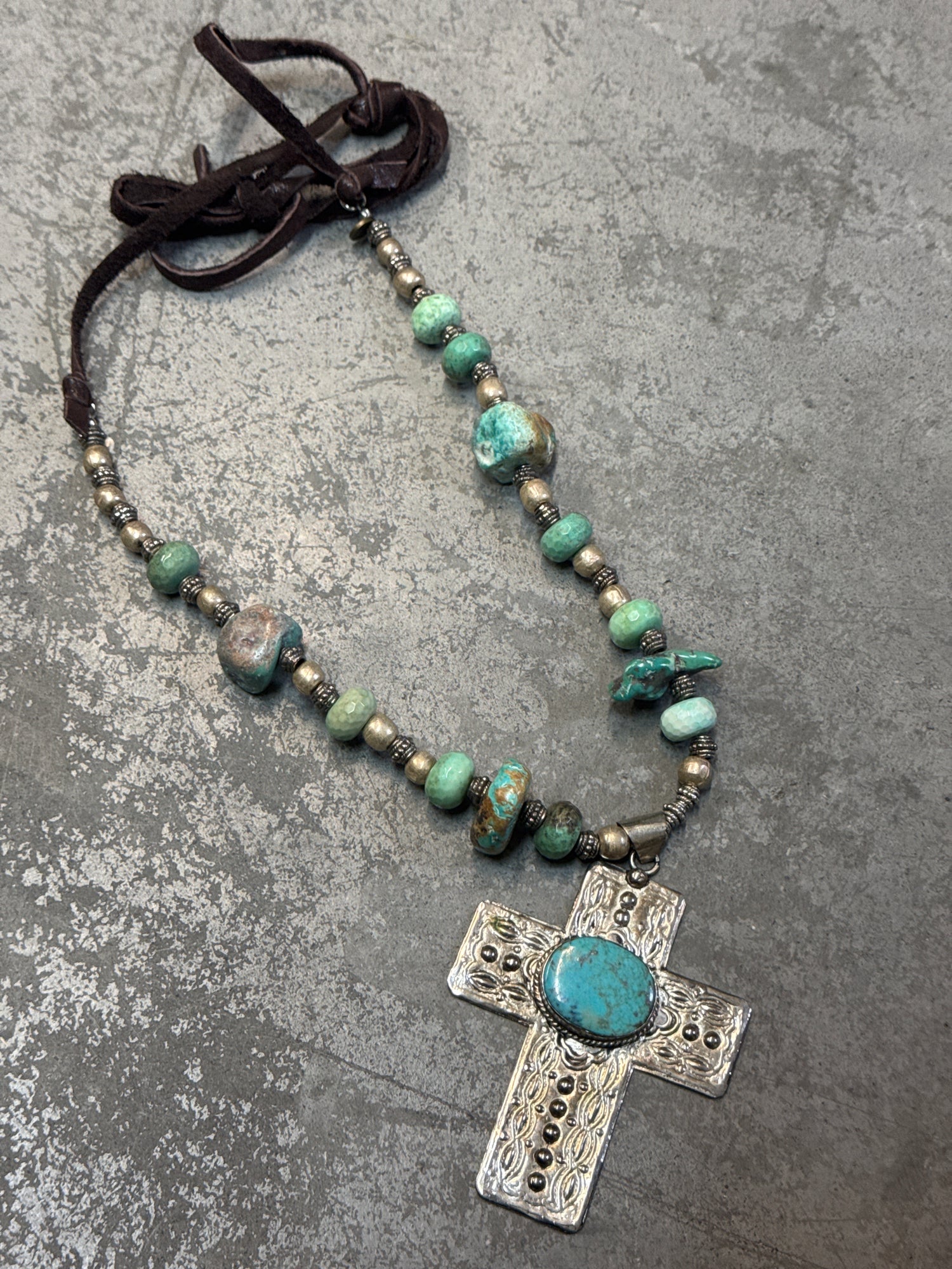Silver Cross with Turquoise on Leather Necklace