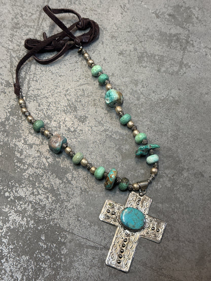 Silver Cross with Turquoise on Leather Necklace