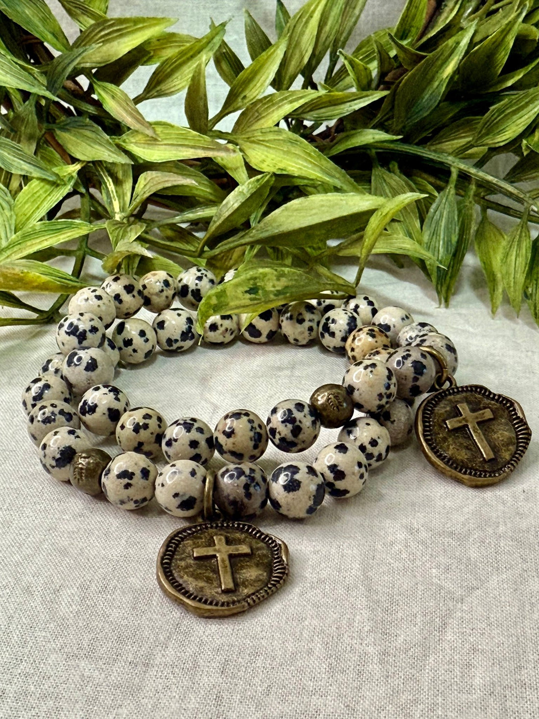 Dalmatian Jasper with Cross Drop Bracelet - Vintage Vault Boutique
